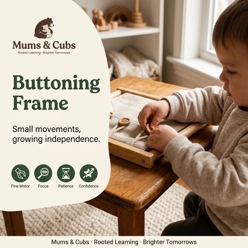 A child's fingers working a row of buttons on a wooden dressing frame.