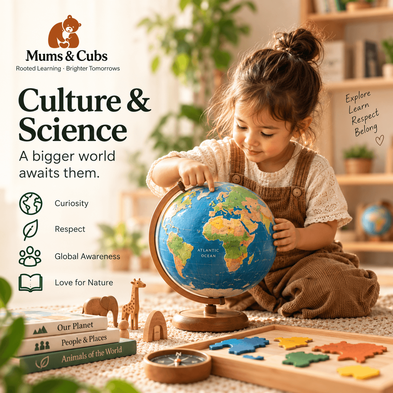 A child exploring a globe and world puzzle map.