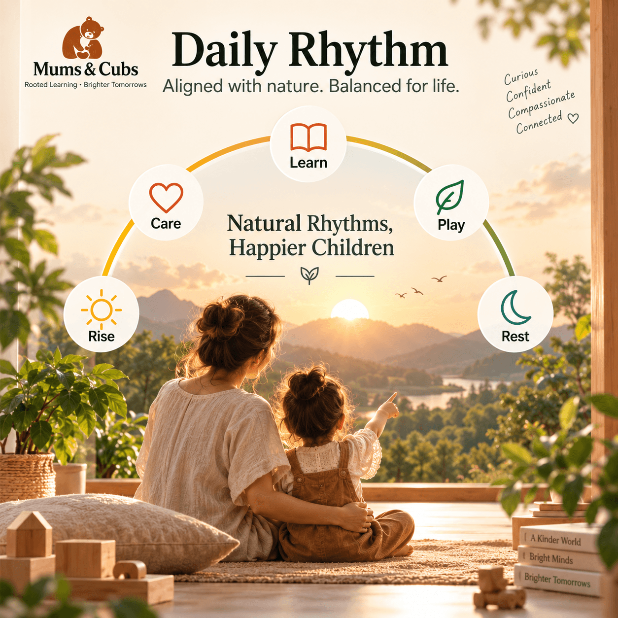 A mother and daughter watching the sunrise together, beginning their day with intention.