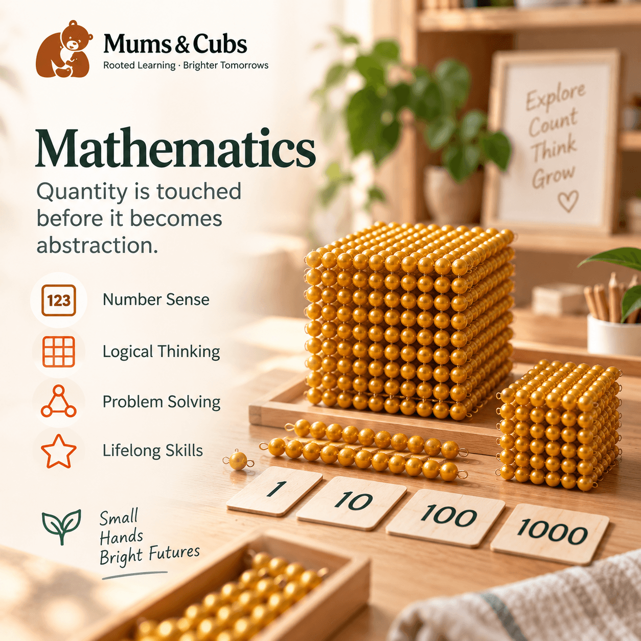 Golden bead quantities arranged from a single unit to a thousand cube.