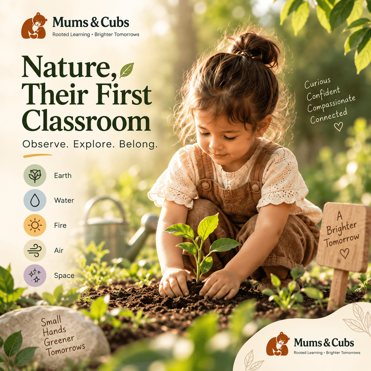 A child planting a seedling in the garden.