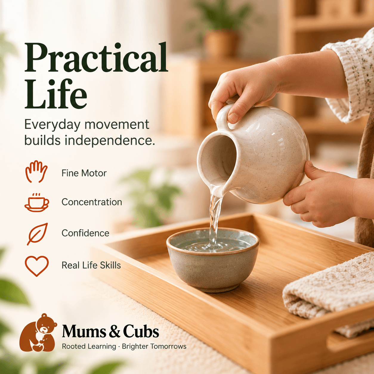 A child's hands pouring water from a jug into a small bowl, representing the Montessori path.