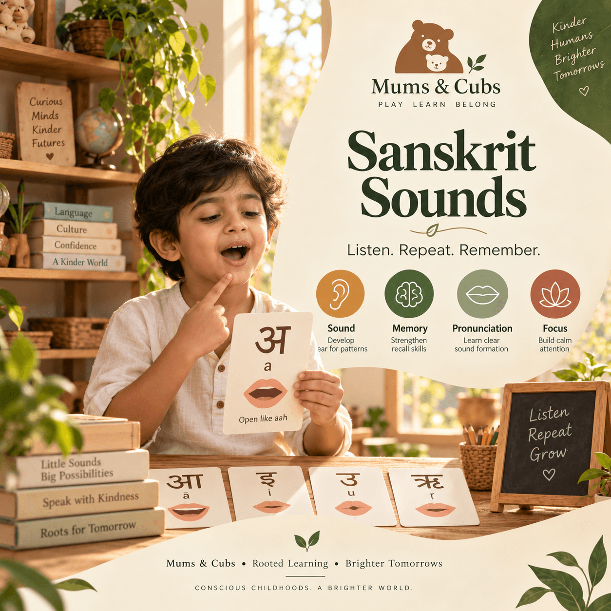 A child practising Sanskrit sound cards with a parent.