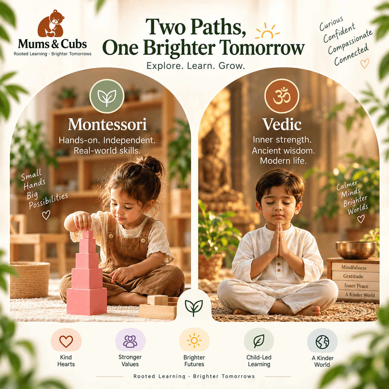 A Montessori pink-tower moment and a Vedic namaste moment, side by side.