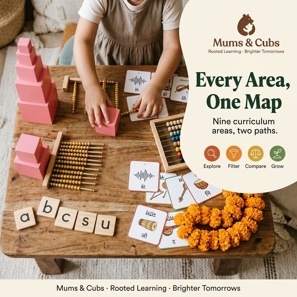 An overhead flat-lay of Montessori and Vedic materials arranged together on a wooden table.
