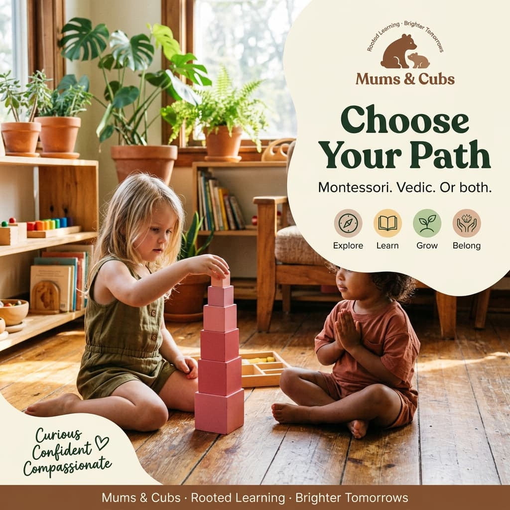 Two children — one arranging a pink tower, one seated in namaste — exploring the Montessori and Vedic paths together.