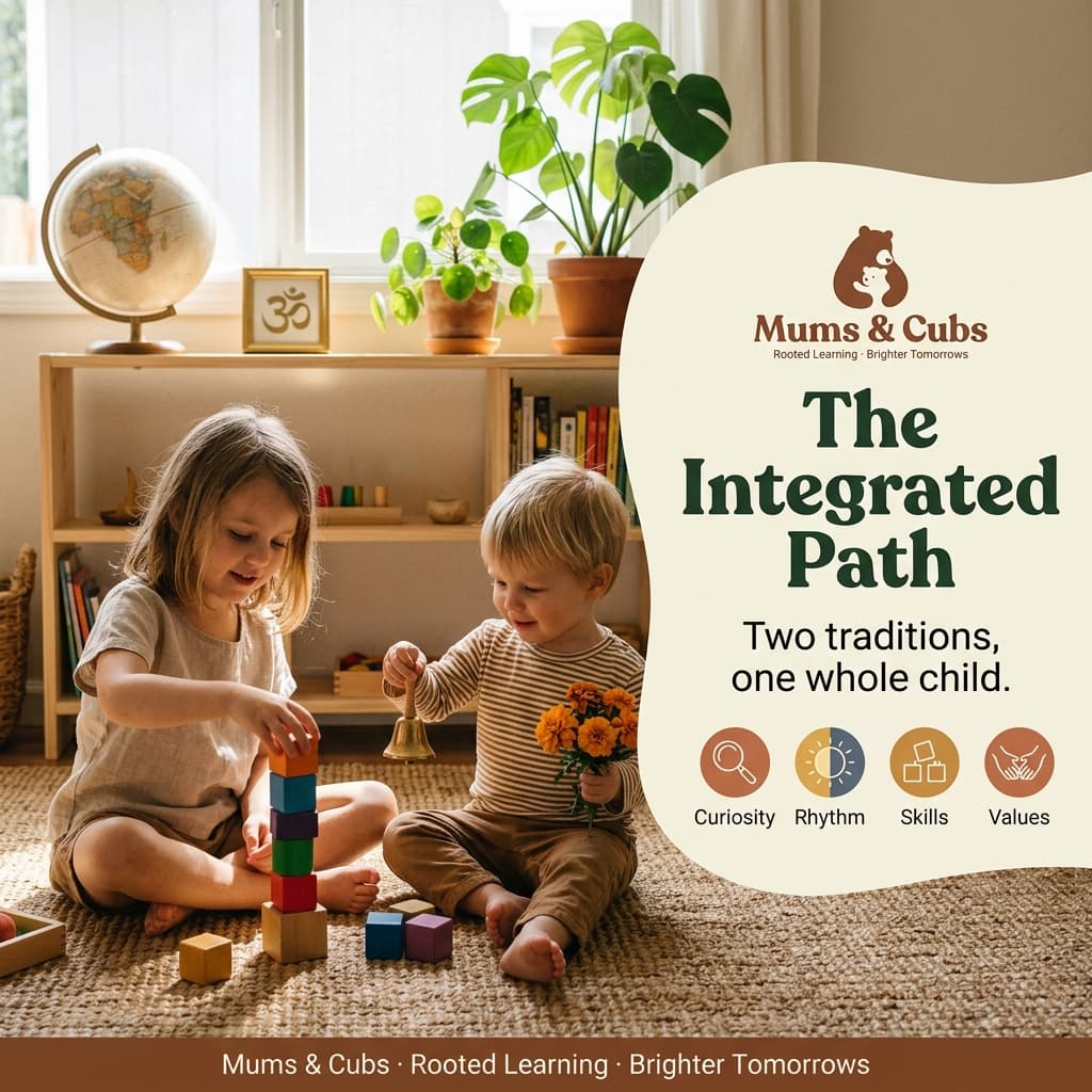 Two children playing together, one with Montessori blocks and one with a bell and marigolds, both traditions side by side.