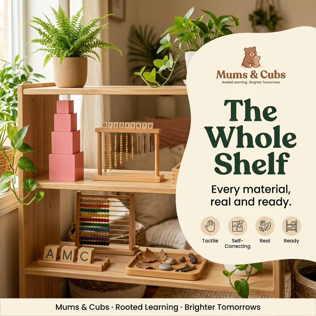 A wooden shelf holding real Montessori and Vedic learning materials side by side.