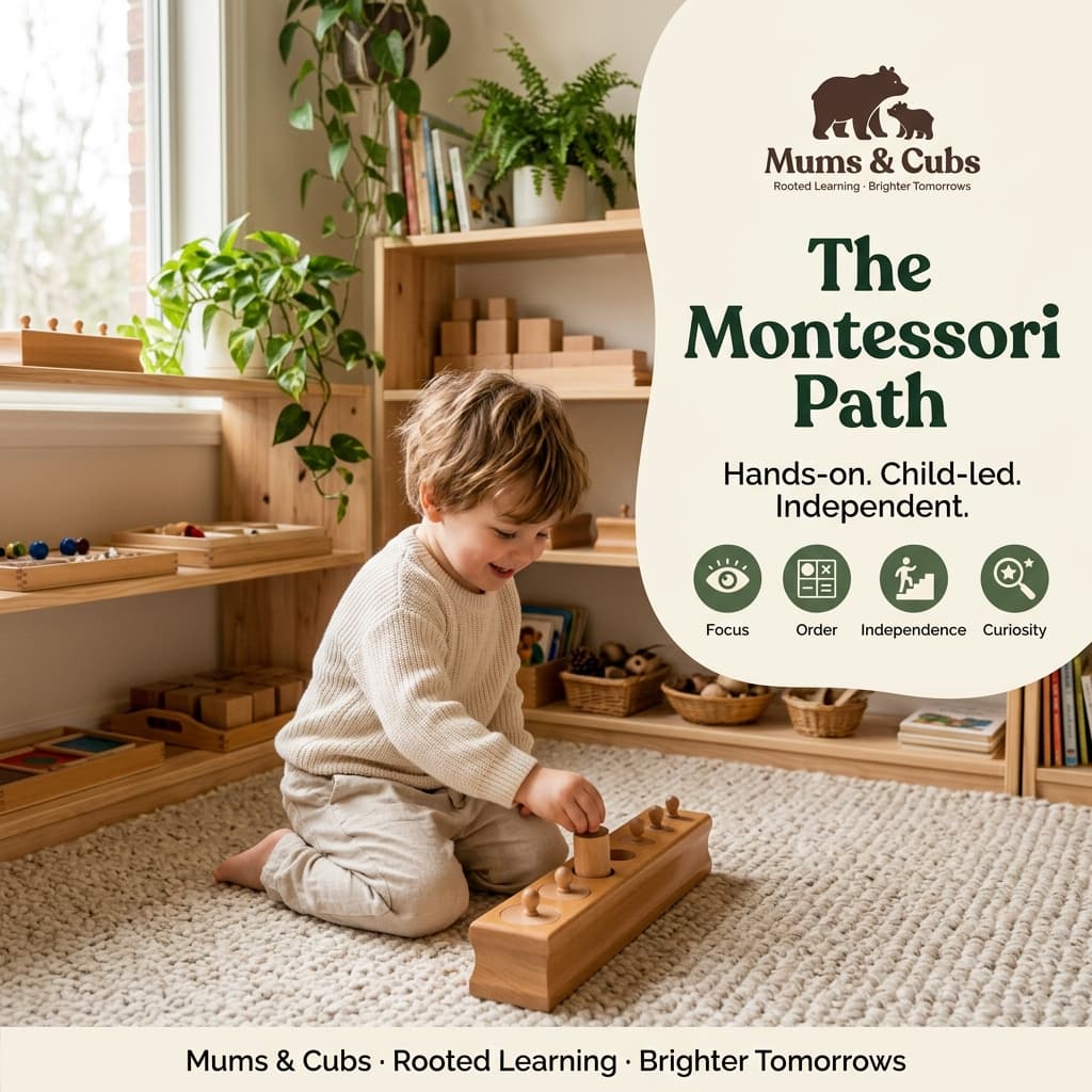 A child focused on wooden Montessori sensorial materials in a bright, plant-filled playroom.