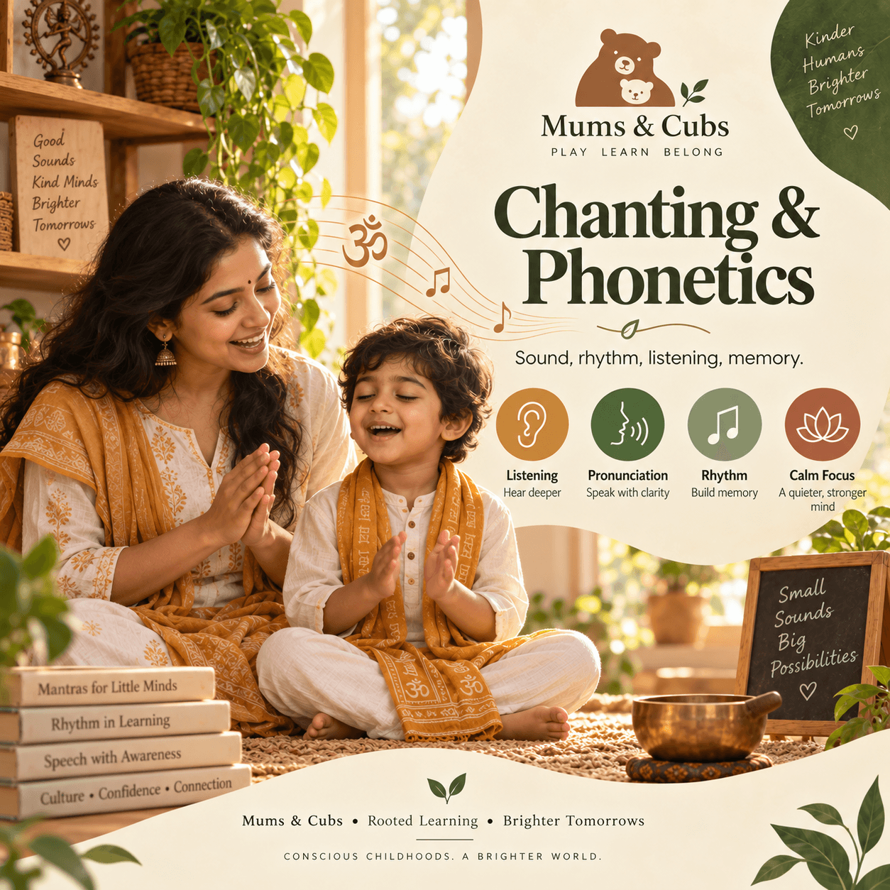 A mother and son chanting together, hands pressed in namaste.