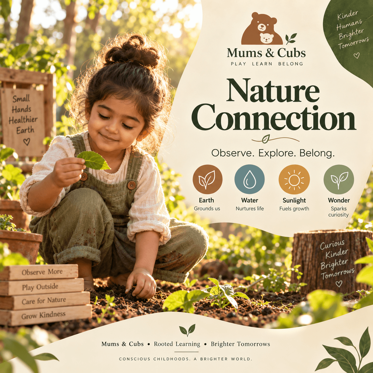 A child closely examining a leaf in a garden.