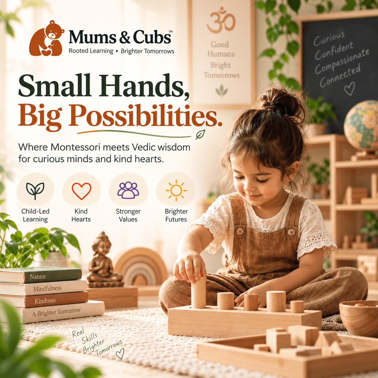 A child playing with wooden cylinder blocks — where Montessori meets Vedic wisdom, for curious minds and kind hearts.