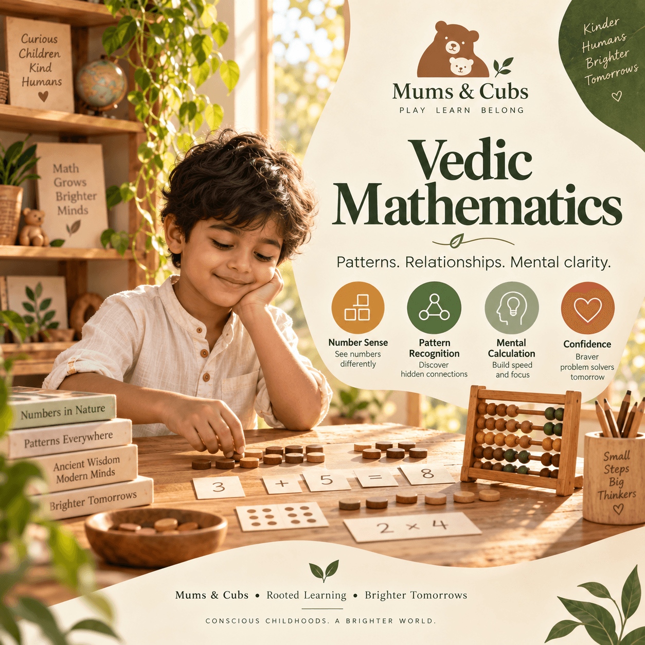 A child arranging number and pattern cards beside a wooden abacus.