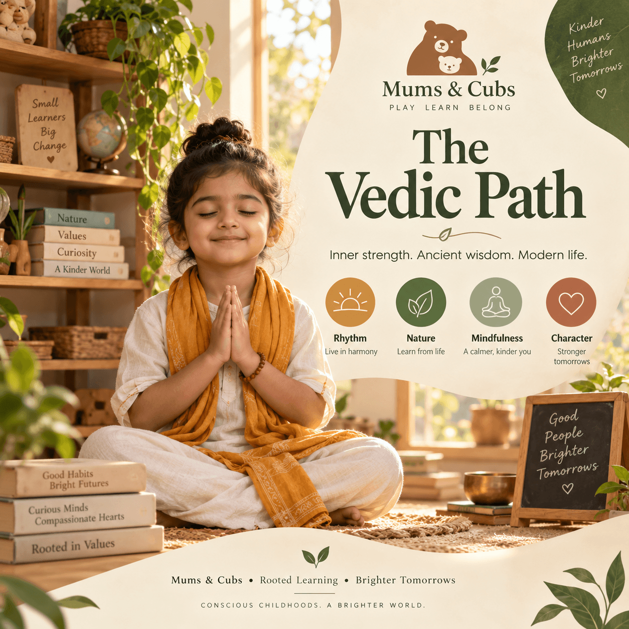 A child sitting cross-legged in namaste, representing the Vedic path — rhythm, nature, mindfulness and character.